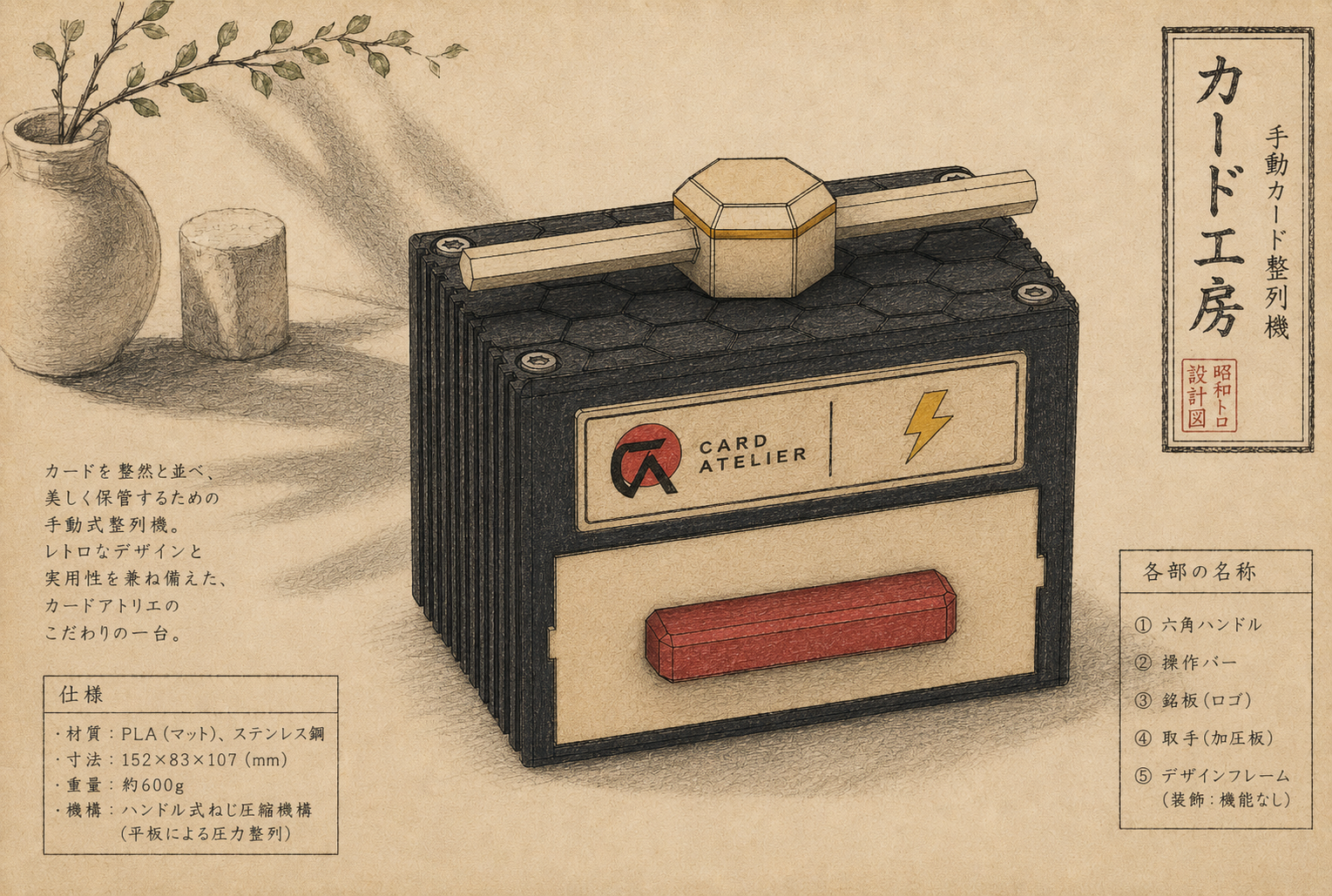 Illustrated The Atelier Press product concept on aged paper